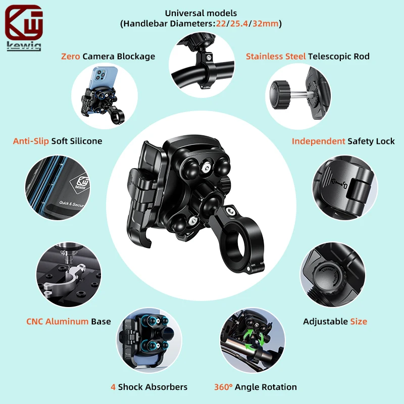 Kewig M8SP Motorcycle Phone Holder With Vibration Dampener Quick Lock Aluminum Alloy Phone Mount For E-Bike Bicycle Scooter ATV - view 2