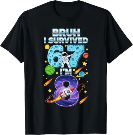 Mode-T-Shirt zum 8. Geburtstag für Jungen, lustiger Spruch: „Ich habe 6-7 Jahre überlebt, jetzt bin ich 8“, Baseball-Bruh-Spruch-T-Shirt, Humor, 67 Ästhetische Kleidung – Detail 6