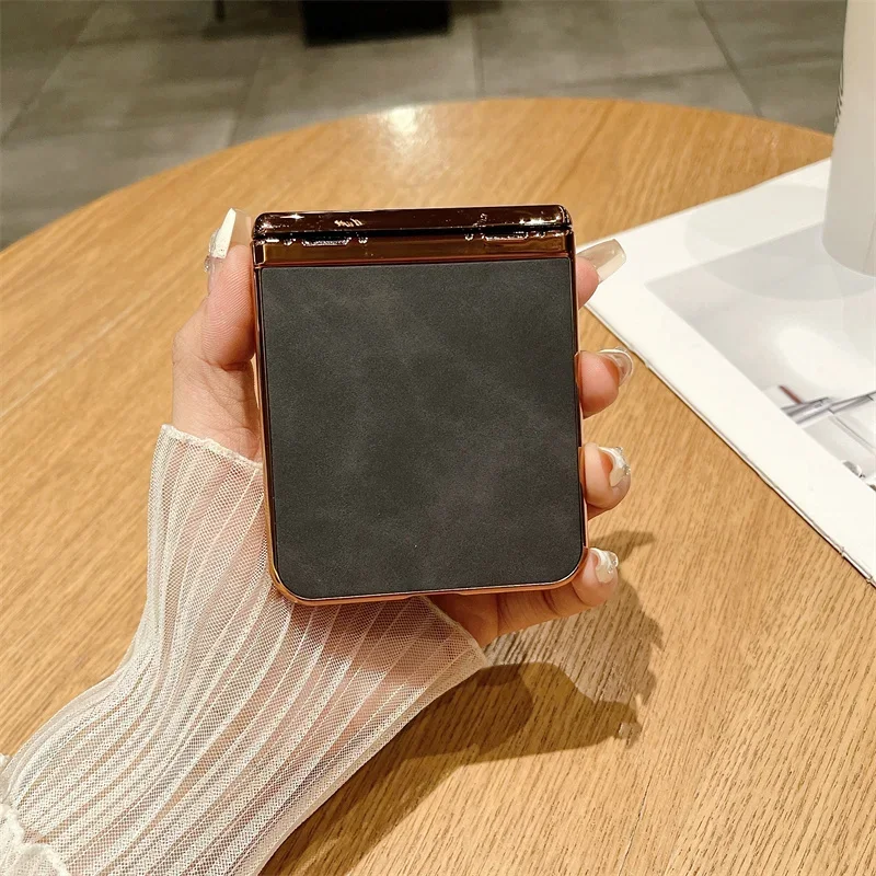 Pu Leather Trim Phone Case For Samsung Galaxy Z Flip 6 5 4 3 5G Hinge Electroplated Plastic Back Cover K02