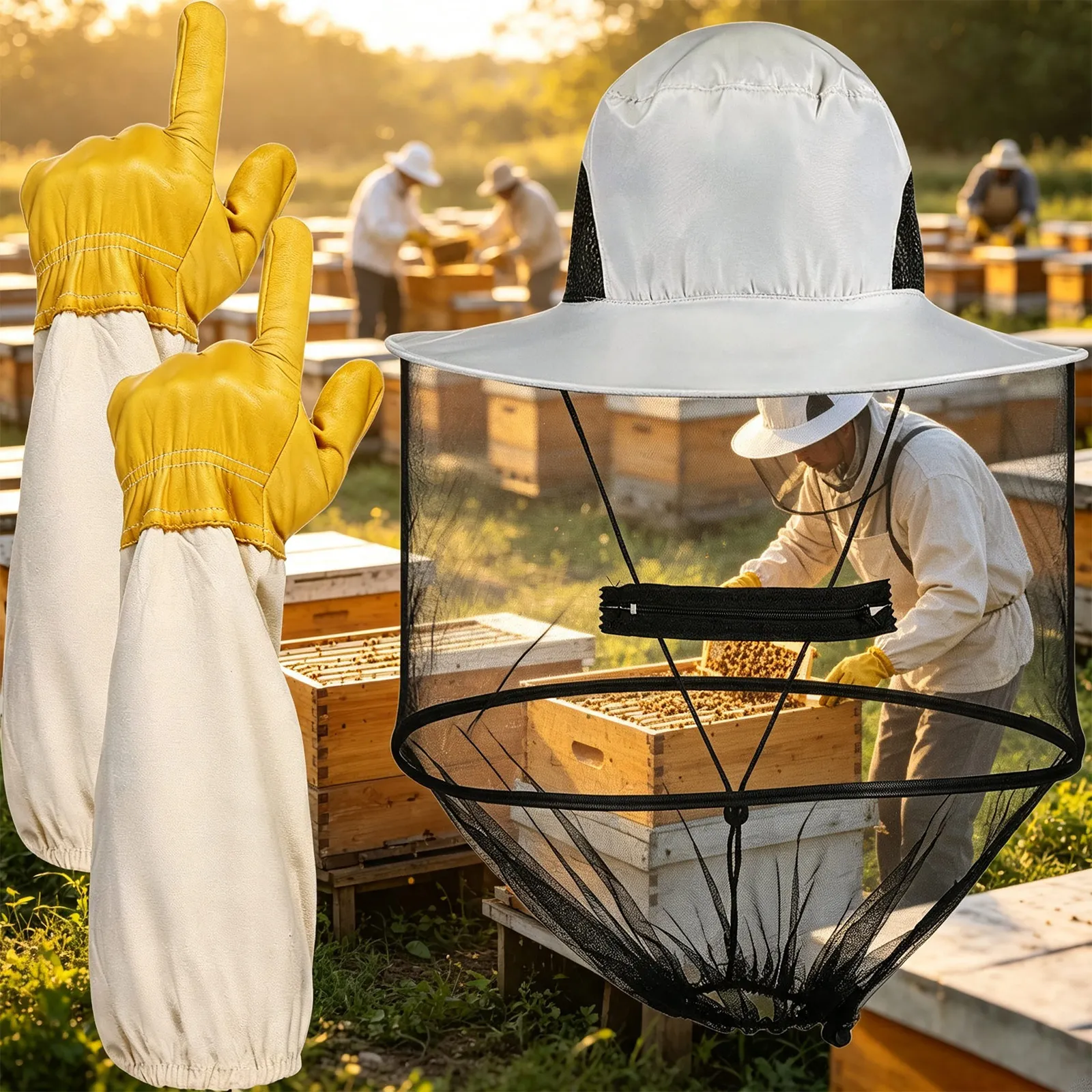 Beekeeping Zipper Drawstring Veil Hat with Thick Palm Breathable Cuffs Gloves Beekeepers Protective Gear Sets