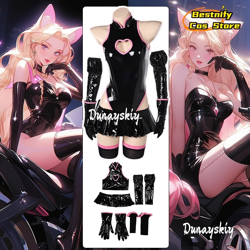 

Halloween Demon Cosplay PU Black Jumpsuit Costumes Sexy Tight Body Women's Dresses Glove Headdress Sock Set For Halloween Outfit