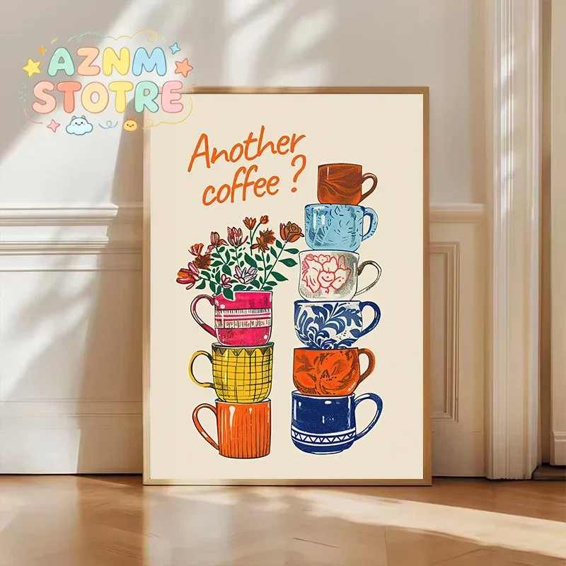 Funny Coffee Cups Floral Wall Art Prints Poster Modern Trendy Another Coffee Canvas Painting for Home Kitchen Decor Cuadros