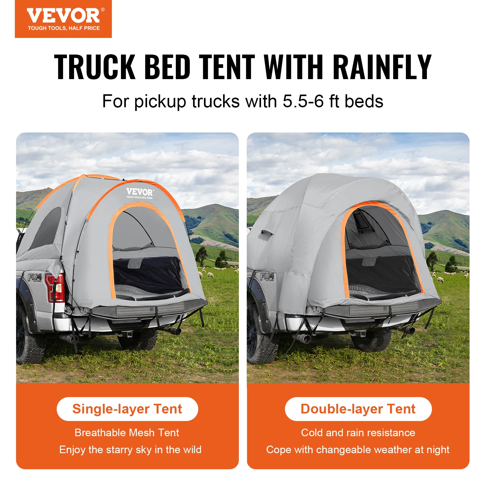 VEVOR Truck Bed Tent 5.5'-6' Pickup Truck Tent with Rain Layer and Carry Bag Waterproof PU Double Layer Truck Tent for Camping