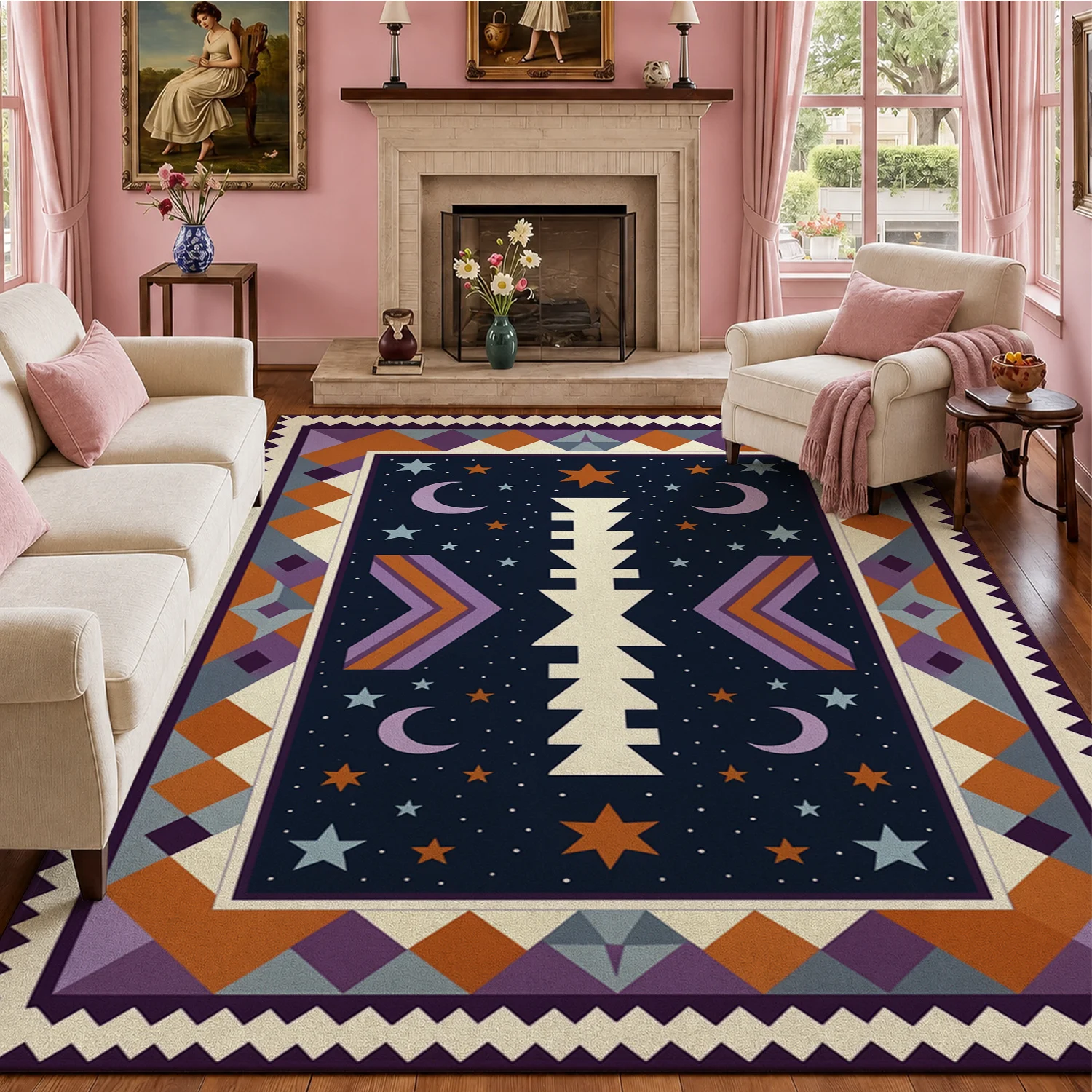 Celestial Star Moon Geometric Tribal Pattern Velvet Area Rug, Machine Washable, Stable Placement for Living Room Bedroom Entryway, Perfect for Halloween Thanksgiving Christmas New Year Holiday Decor