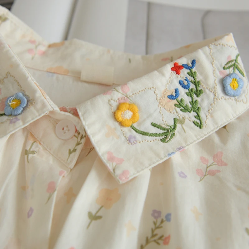 Spring Mori Girl Flower Embroidery Turndown Collar Cotton Print Long Sleeve Shirt 2024