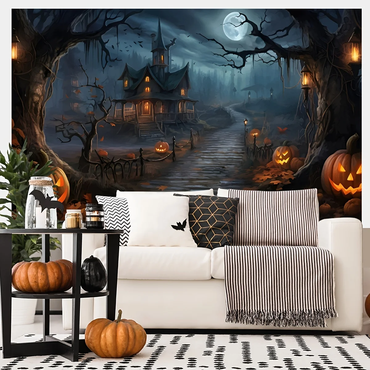 VIKAMA Spooky Halloween Haunted House Tapestry Moon & Pumpkin Wall Hanging for Living Room Party