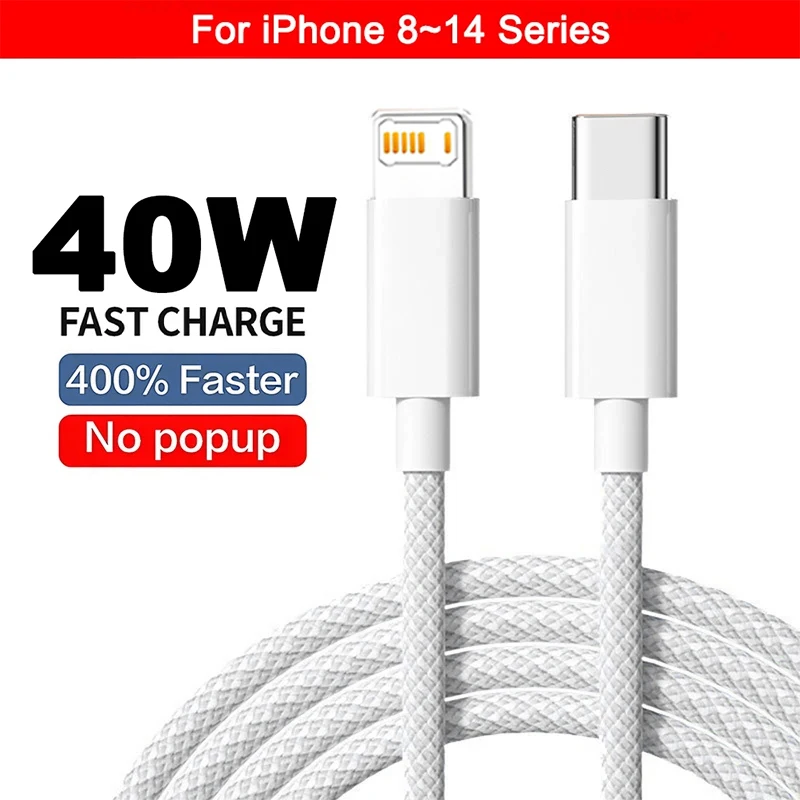 PD 40W USB-C-Ladekabel für iPhone 13 11 12 14 Pro Max XS X XR 7 8 Plus Typ-C Geflochtenes Kabel Datenkabel Handy-Zubehör
