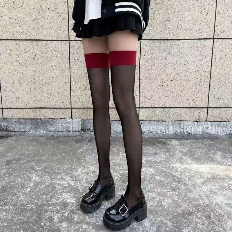 Sexy Red Edge New Over The Knee Long Socks Gothic Lace Transparent Thigh High Stockings Women Punk JK Thin Silk Solid Hosiery