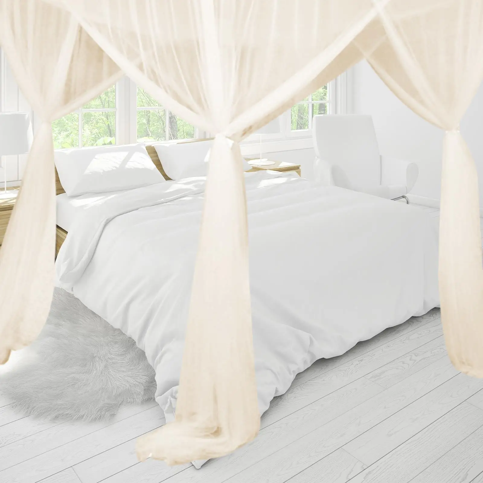 Four Poster Bed Canopy Netting Curtain for Girls Adults Queen Size Breathable Mesh Tent Drape Cozy Romantic Bedroom Decoration