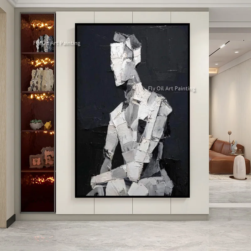Handmade Black And White Women Portrait Oil Painting On Canvas New Elengance Brown White Sexy Girls Wall Art Decor For Bedroom