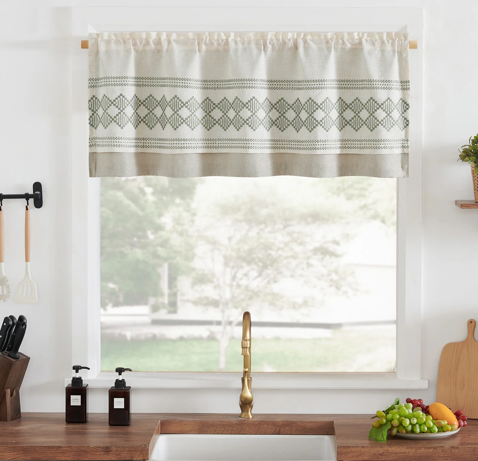 JINCHAN 50*18 Inch Embroidered Linen Valance Boho Kithchen Valance Double Layer Blackout Short Window Curtains Rod Pocket