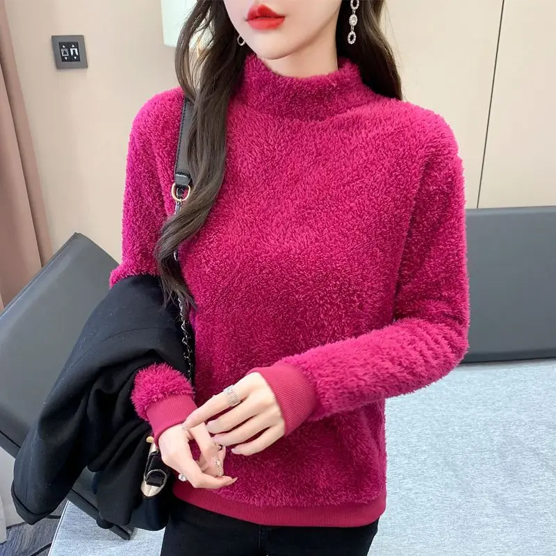 Autumn Winter New Fashion Long Sleeve Half High Collar Solid Coral Fleece Women's Clothing Bottoming Shirt Korean All-match Tops