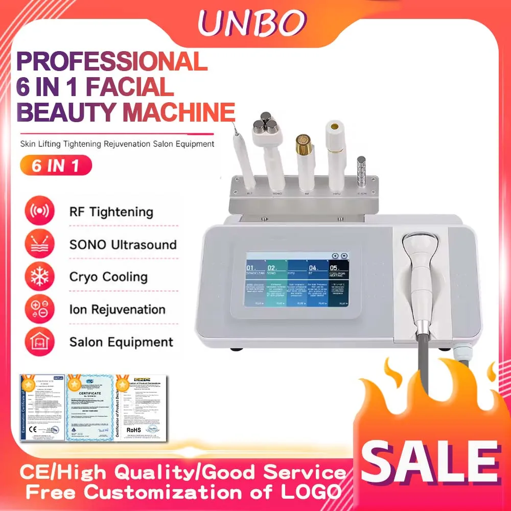 Professional 6 In 1 Facial Beauty Machine RF SONO Ultrasound Cryo Ion Skin Lifting Tightening Rejuvenation Salon Equipment