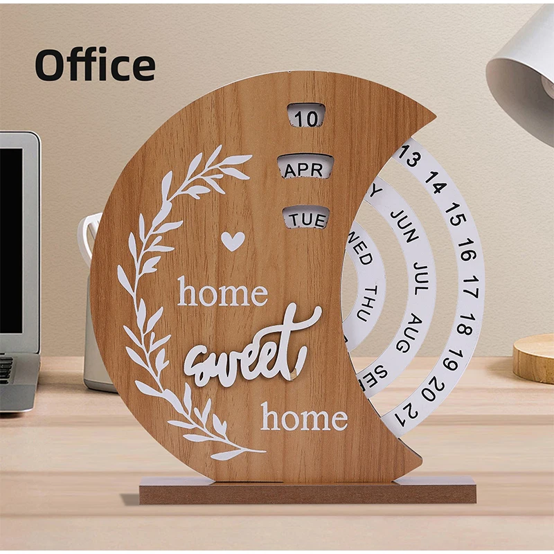 Wooden Perpetual Calendar Easy Assembly Art Ornament Rotatable Desk Ornament Indoor Housewarming Living Room Gift