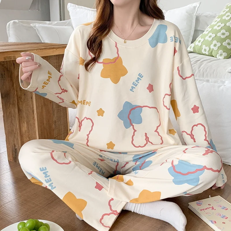 Conjunto de pijama de mangas compridas feminino, calças de algodão, terno doce para casa, estampa fofa, primavera, outono, inverno, novo