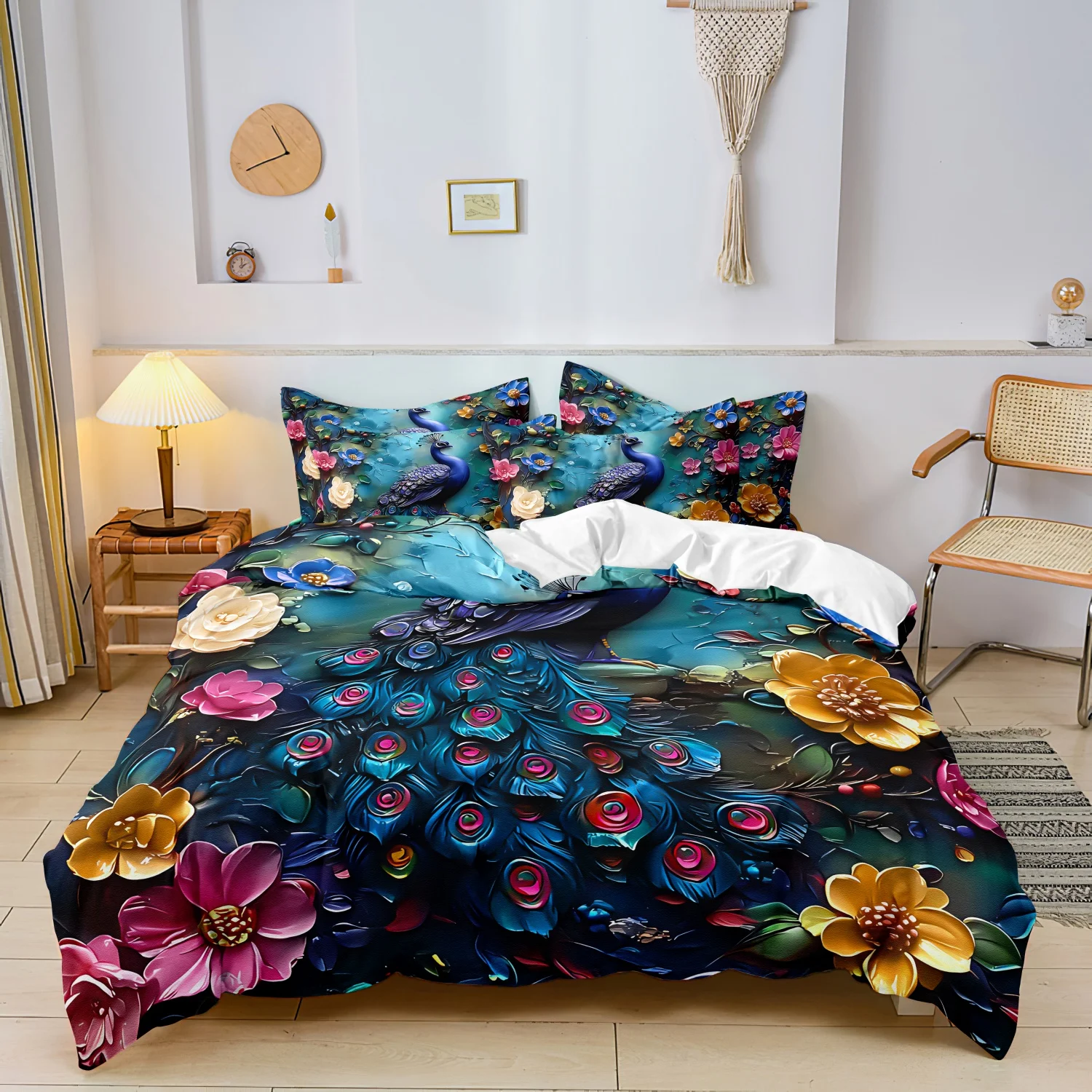 3Pcs Luxury Peacock Floral Print Duvet Cover Set, Dark Teal Peacock Feather Colorful Blooming Flower Printed Bedding