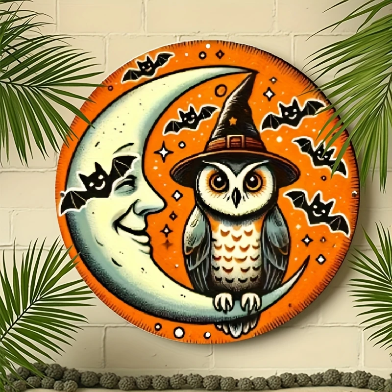 Vintage Moon & Owl Wall Decor Indoor Outdoor - Spooky Round Aluminum Sign with Witch Hat & Bat, Gothic Home Decor, Halloween Dec