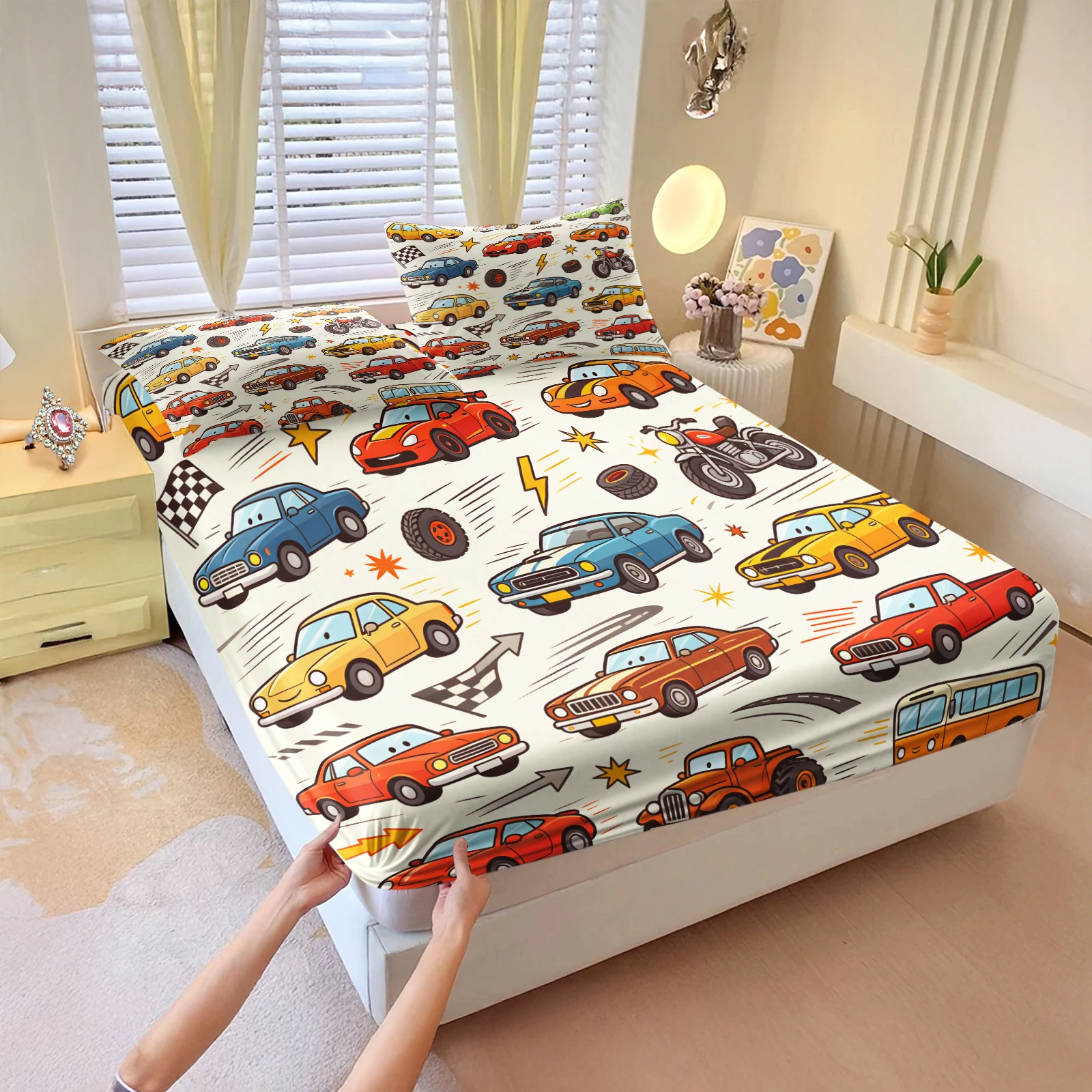 Cartoon Multi‑Vehicle Print Fitted Sheet Set Full Surround Elastic Deep Pocket Mattress Cover Colorful Race Car Soft Bedding Set