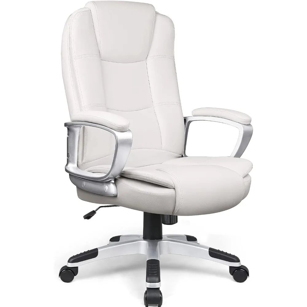 PU Leather Office Desk Chair com Almofadas, Costas Altas, Ergonômico, Altura Ajustável, Apoio de Braço, Grande e Alto, Gestão, Executivo, Branco