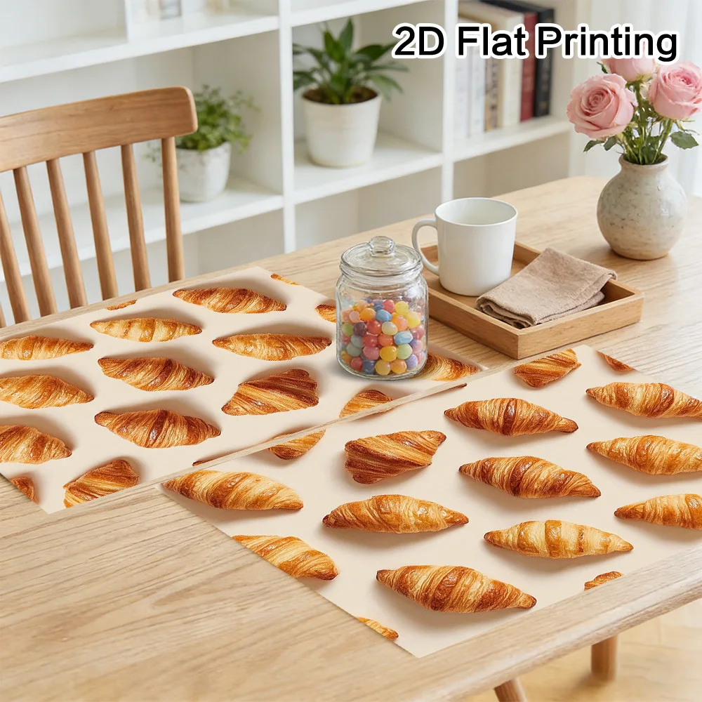 Golden Croissant Spread Place Mats, Holiday Dining Mat, Lively Table Dress-Up, Festival Party, Outdoor Picnic, Camping 2D Flat