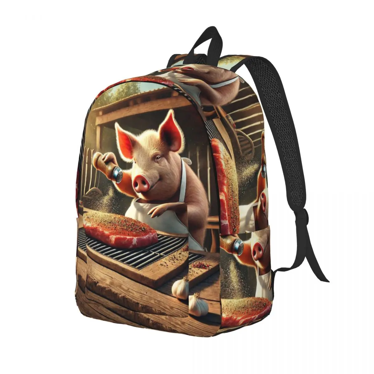 Cooking Pig Cartoon BBQ Scene Student Backpack School Bag Hiking Travel Daypack for Boys Girls Bookbag Shoulder Bags