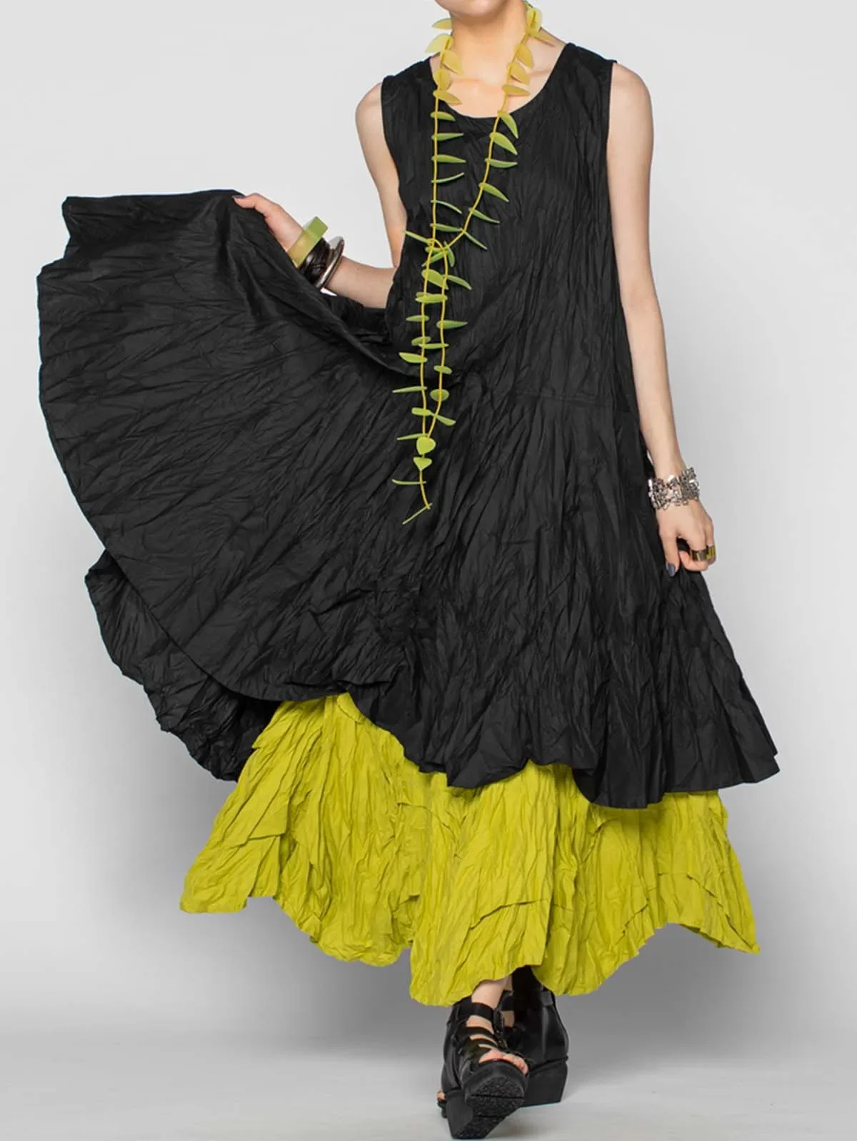 Damska letnia sukienka z okrągłym dekoltem bez rękawów z imitacją dwóch części Indie Folk Patchwork Loose Maxi Dress Plus Size