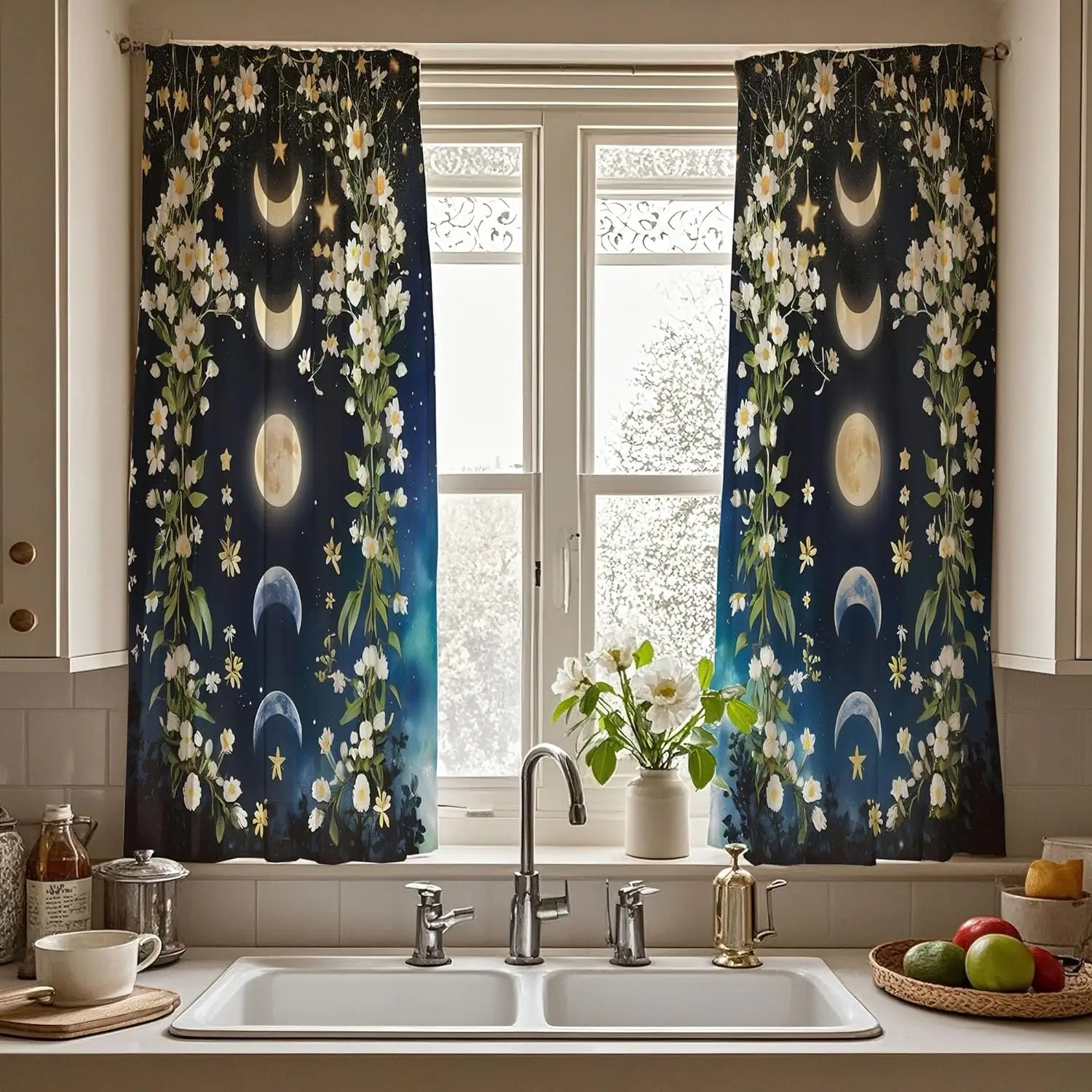 Boho Black Moon Phase Galaxy Kitchen Curtains Witchy Blossom Flower Floral Small Short Curtains Spring Botanical Bathroom Window