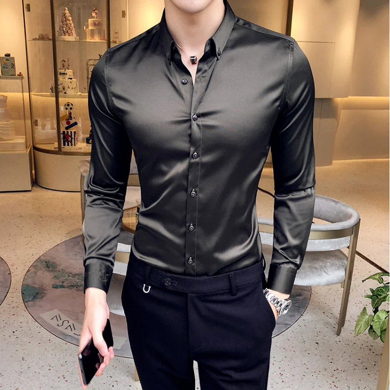 Mens Shirst High Quality Long-sleeved Casual Slim Solid Color Formal Blue Shirt Collar Embroidery Business Social Men Clothing