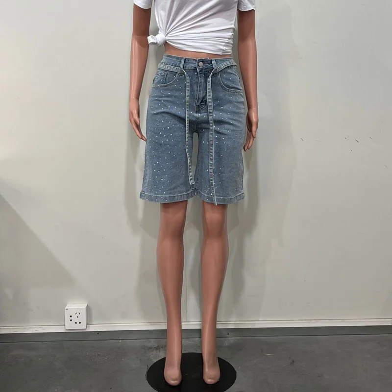 Benuynffy Streetwear Rhinestone Half Denim Pants Women's Summer 2025 New Vintage Mid Waisted Loose Straight Wide Leg Jeans