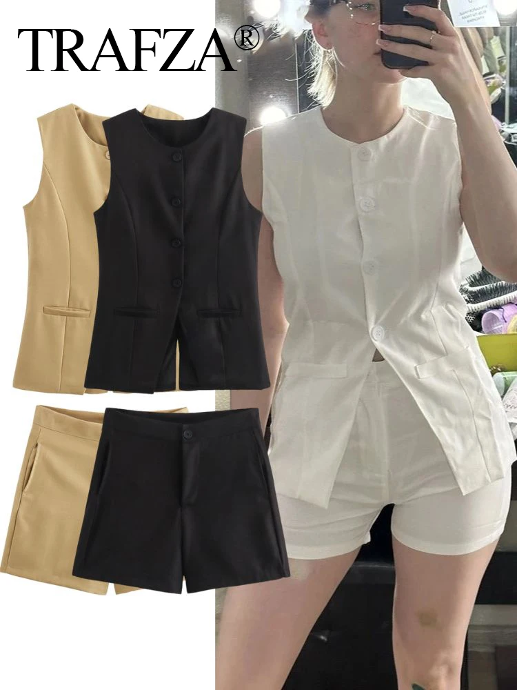 TRAFZA 2024Women Fashion 2 Piece Set Solid Single Breasted O-Neck Vest+Vintage High Waist Shorts Female Chic Lady Shorts Set