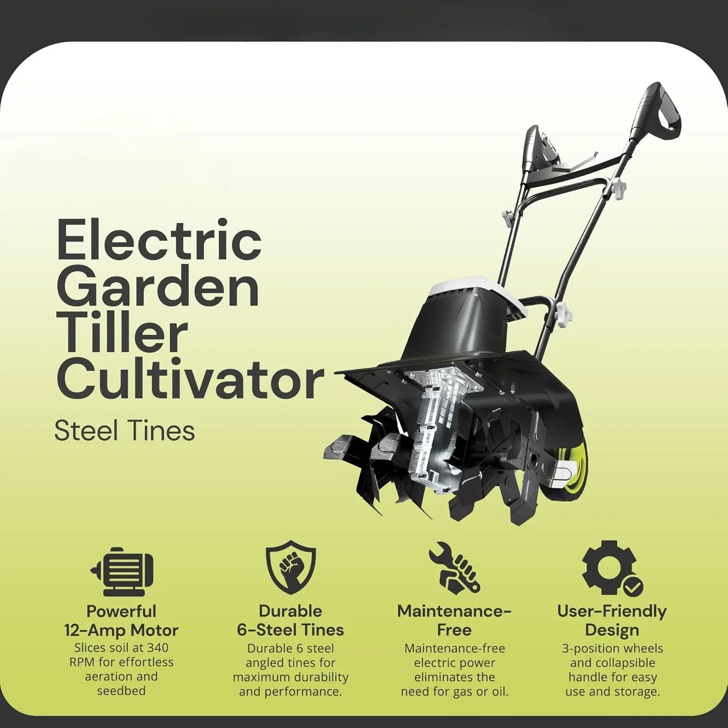 

Электрический садовый культиватор, 12 А, 16 дюймов, черный - сверхмощная садовая машина и оборудование для садов, газонов и дворов