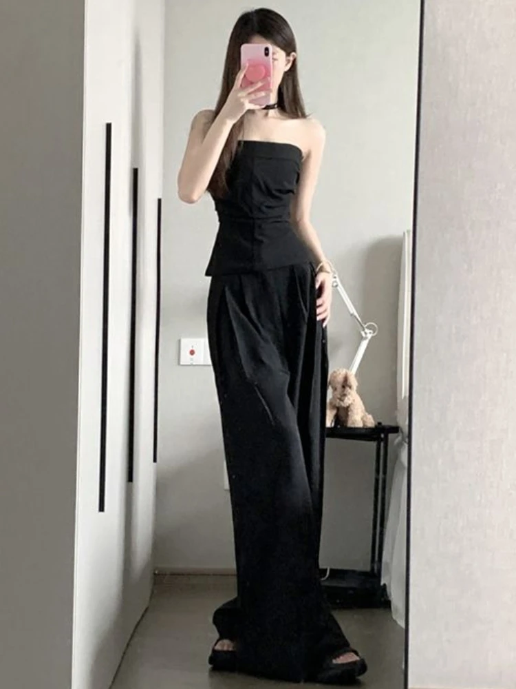 Women Sets American Hot Girls Fashion Slim Solid Black Tube Tops Off Shoulders Casual Long Wide Leg Trousers Summer Street Chic