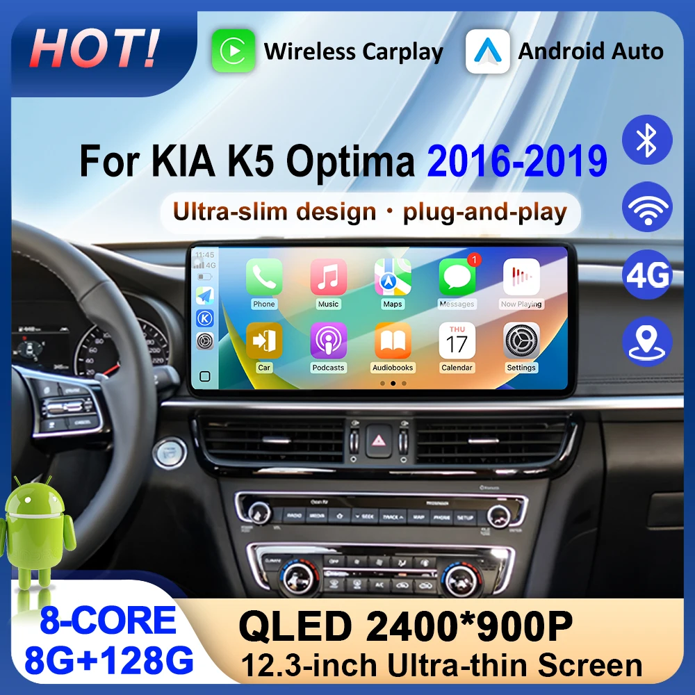 Pantalla QLED Radio de coche reproductor de vídeo Multimedia navegación GPS para KIA K5 Optima 2016-2019 Android 15 Auto Carplay BT DSP 12,3