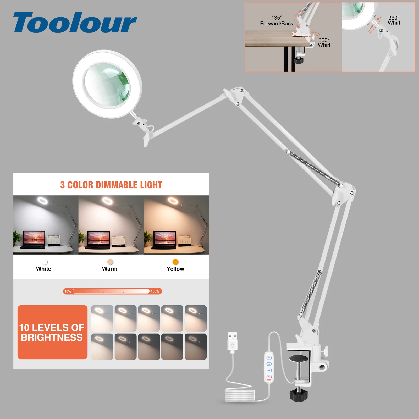 

5X Magnifying Desk Lamp & Clamp 3 Color Modes Stepless Dimmable 5-Diopter Real Glass Lens Adjustable Swivel Arm Magnifier Light