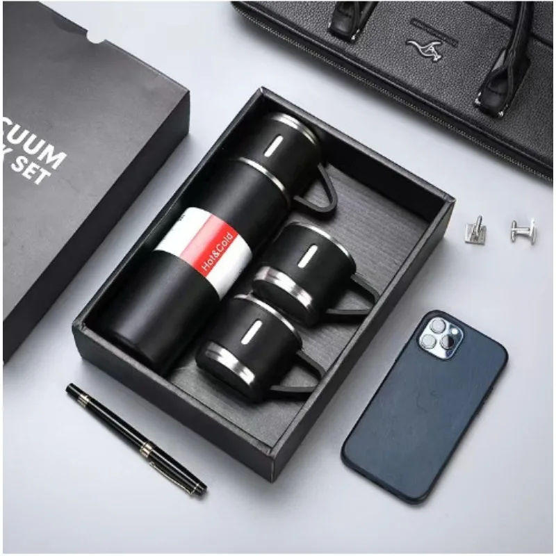 One cup three lid business set gift box, double-layer vacuum 304 stainless steel insulated cup, water cup, hand-held gift