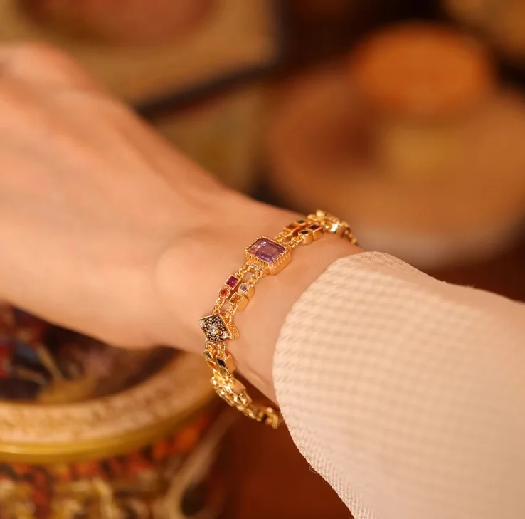 

Victorian Vintage Gold Sapphire Garnet Tourmaline Topaz Amethyst Bracelet Wristband Bangle Semi-precious Gemstones Fine Jewlery