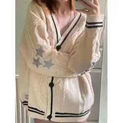 Preppy Style Sweet Women Cardigan Sweater Spring Autumn Star Embroidery Street Fashion Casual Oversized Knit Long Sleeve Coats