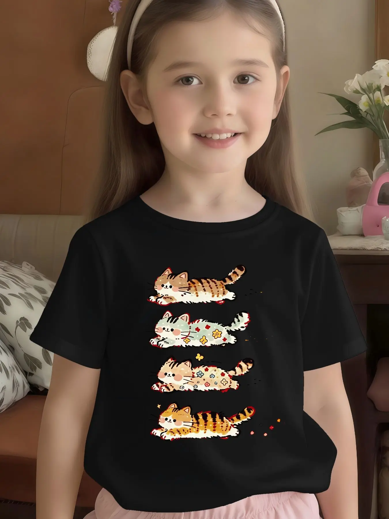Lovely Four Running Kittens Print Kids T Shirt Boys Girls Parent Child Short Sleeve Soft Breathable Summer Daily Children Outfit