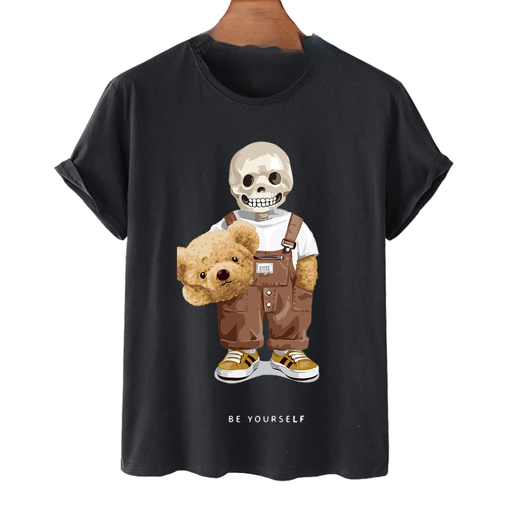 Skull Teddy Bear Summer Y2k Be Yourself Letter Fashion Graphic Tshirt Women Basic  Casual Short Sleeve Streetwear Hip-hop Tops