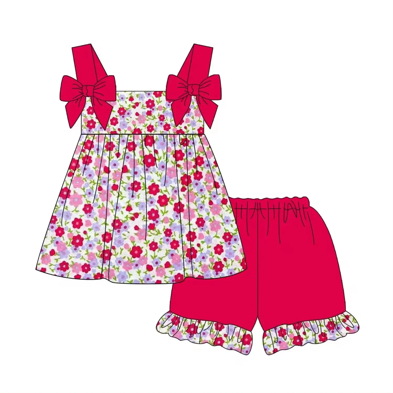 

New boutique girl series sling bow red small floral shorts lace children's set baby romper dress