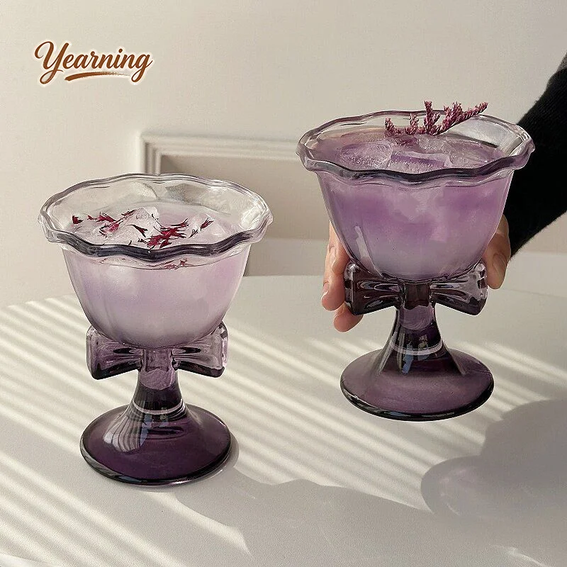 

Creative Purple Bow High Foot Glass Cup Instagram Style Cocktail Champagne Fruit Wine Cold Drink Coffee Cup
