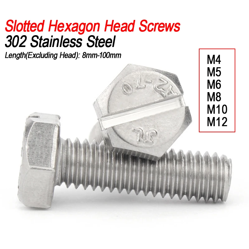 1/2/5/10pcs M4 M5 M6 M8 M10 M12 Slotted Outer Hexagon Head Machine Screws 304 A2 Stainless Steel Slot Bolt Length 8mm-100mm