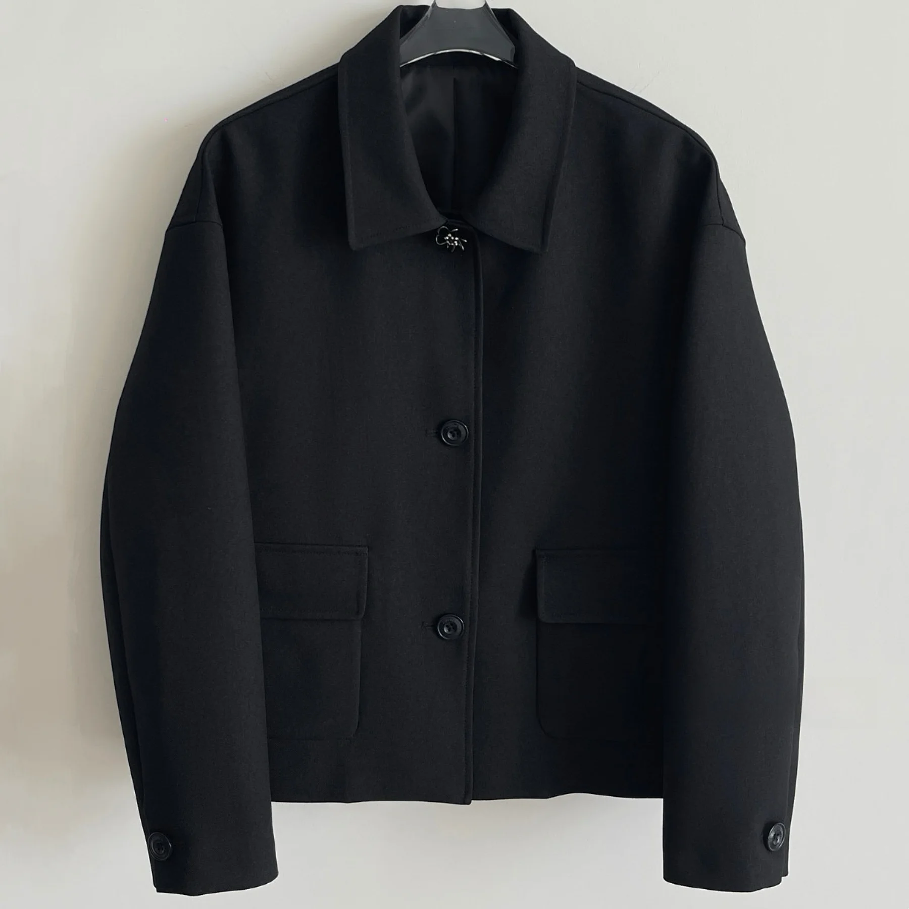 Lemon CheeseLAN25 Autumn Commute Sle ort Woolen Coat Button-Up Collar Jaet Versatile Simple Design Ladies Outerwear