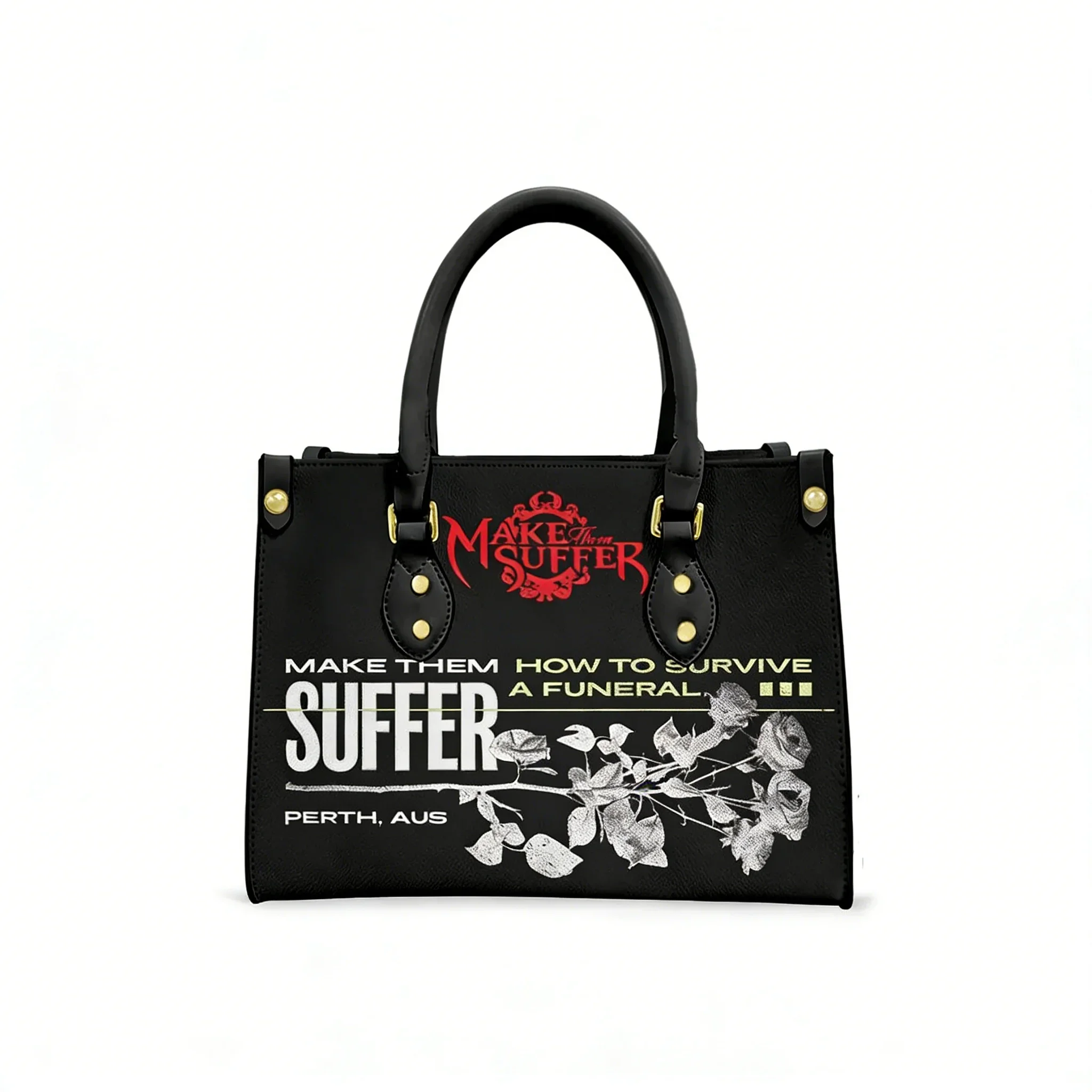 

Make Them Suffer Metal Band Tote Bag Purse Womens Mens Personalized Text Image PU Leather Handbag Business Shopping Gift Bags