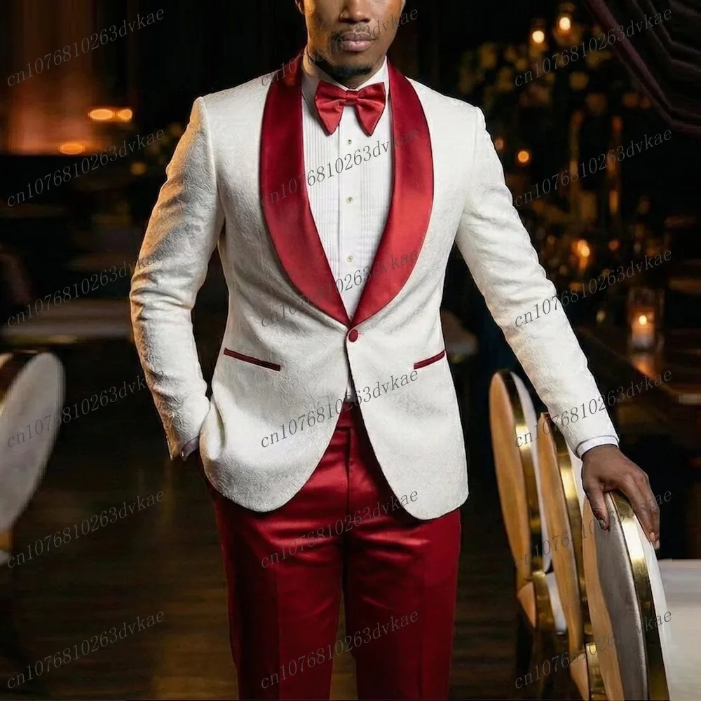 

New White And Red Men Suit Wedding Party Formal Groom Groomsman Prom Business Male Tuxedos 2 Piece Set Jacket Pants