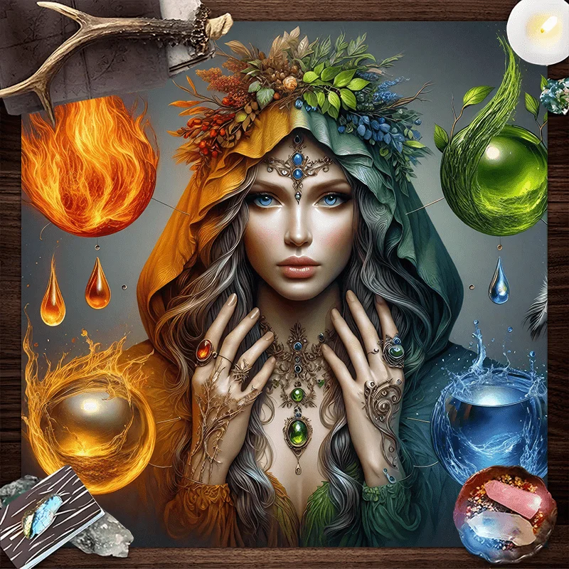 1pc Mystical Natural‑Element Altar Tablecloth, Fire‑Water‑Earth‑Air Symbols, for Tarot Reading, Wall Hanging & Home Decor