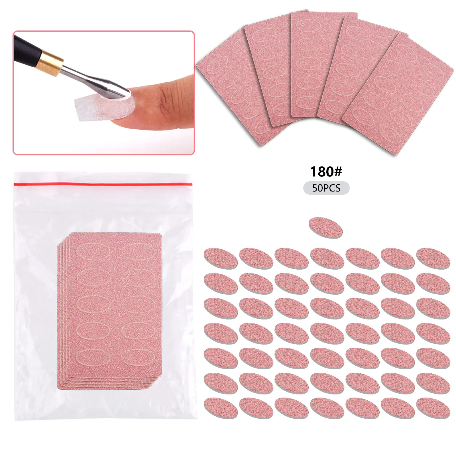 50pcs Sanding Slice Russian Steel Push Set #180Grit Polish Nail Beveled Steel Pusher Self-Adhesive Sand Flak Files Manicure Tool