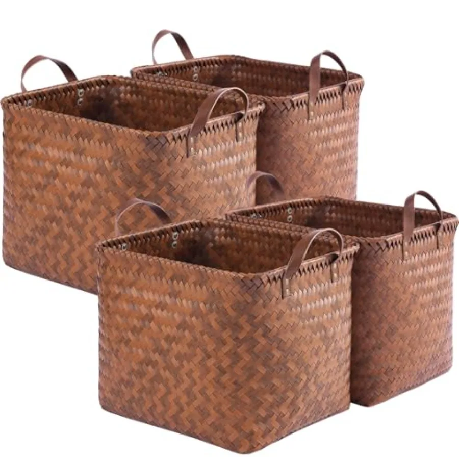 

13x15x13 Woven Laundry Basket Hamper Storage Basket for Clothes Blankets 4-Pack Wicker B for Closet Shelves Bedroom Bathroom Br