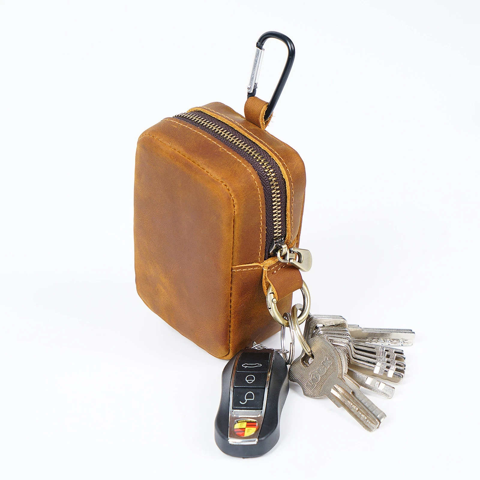 حقيبة صغيرة من الجلد الطبيعي مع محفظة للعملات المعدنية بحامل مفاتيح بسحاب |   حقيبة خصر بحزام للمفاتيح وسماعات الأذن ومحفظة صغيرة عتيقة للعملات المعدنية