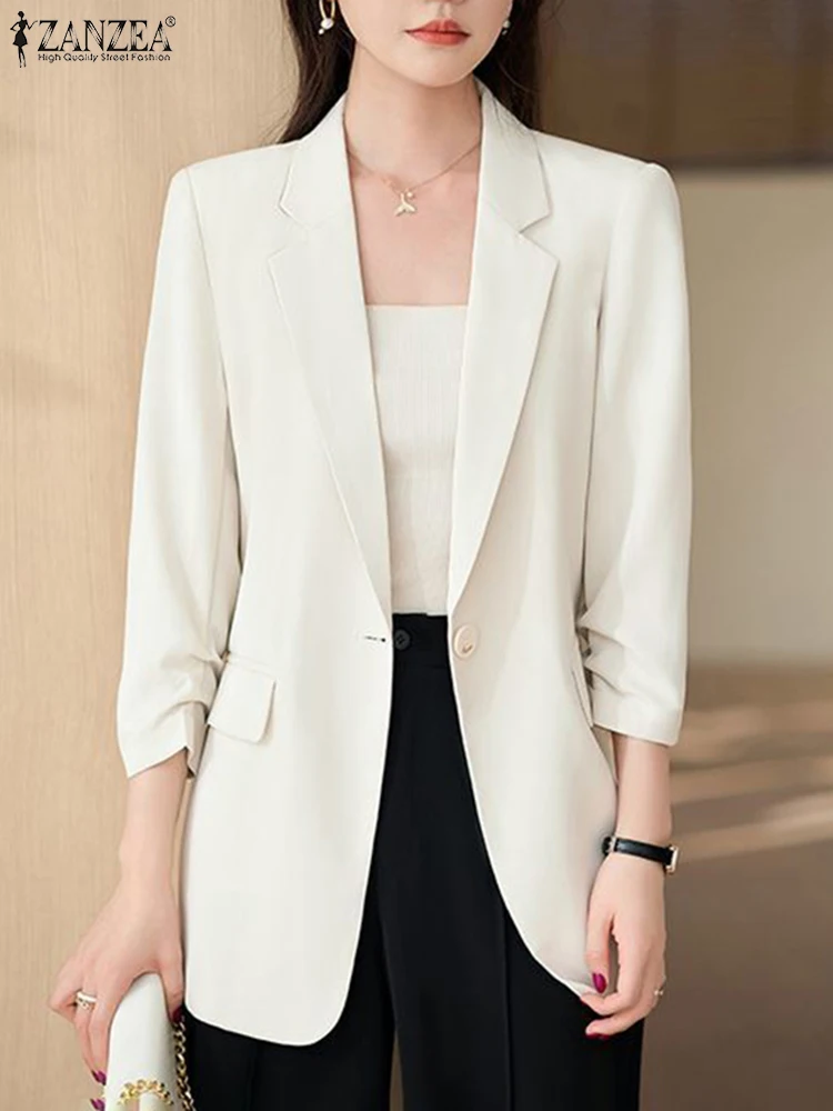 Zanzea koreanische Mode gekerbt Revers Blazer Büro tragen Frauen pendeln 3/4 Ärmel lässig Blazer elegante 2024 Herbst feste Anzüge